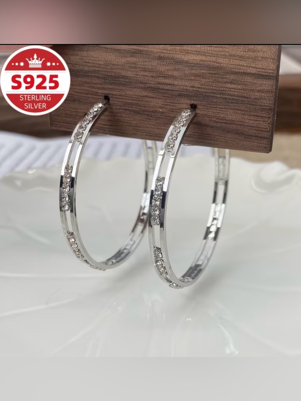 925 Sterling Silver CZ Crystal 1.65” Hoop Earrings - Silver NWT